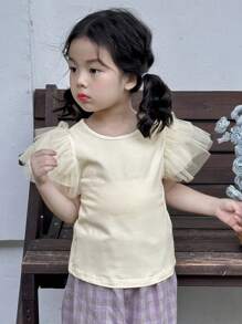 DAZY Young Girl Simple Solid Color Mesh Contrast Casual T-Shirt, Fashionable For Daily Wear, Summer - Apricot - View 8