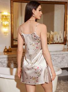 LuxeNights Camisón de satén sin mangas con estampado floral para mujer, lencería de lujo - Albaricoque - Ver 2