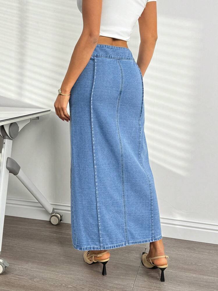 SHEIN Essnce Women's Pocket Patchwork Ruffle Hem Slit Hem Long