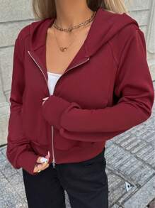 Chiquease 女士休闲宽松连帽双拉链口袋长袖短款卫衣（秋季款） - 酒紅色 - 查看 4