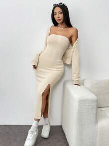 Almamuse 2 Pieces Set: Women's Solid Color High Slit Bodycon Dress And Front Open Cardigan Fall Cloth For Women - Apricot - View 6