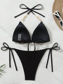 Swim Vcay Women's Sexy Black Shell Tie Halter Underwire Triangle Swimwear With Star Chain Vacation Beach Outfit For Summer Beach Vacation - Black - View 5