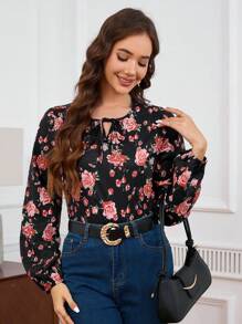 INAWLY 1pc Women's Black Long Sleeve Ditsy Floral Casual Shirt