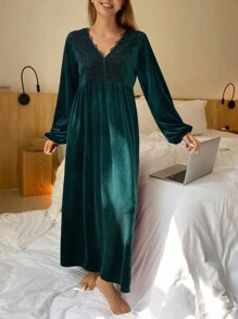 DAZY Women's Solid Color Velvet Lace Patchwork V-Neck Long Nightgown Pajama - Dark Green - View 5
