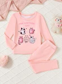 SHEIN 2pcs Baby/Baby Girl Casual Cute Funny Laser Cats Pattern Knit Plain Long Sleeve Top And Tights Set, Comfortable Home Outfit - Baby Pink - View 3