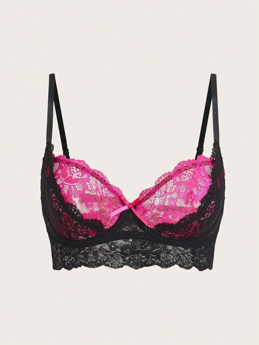 SHEIN ICON Contrast Color Double Layer Lace Cup Bow Decorated Sexy Lingerie Bralette - Hot Pink - View 1
