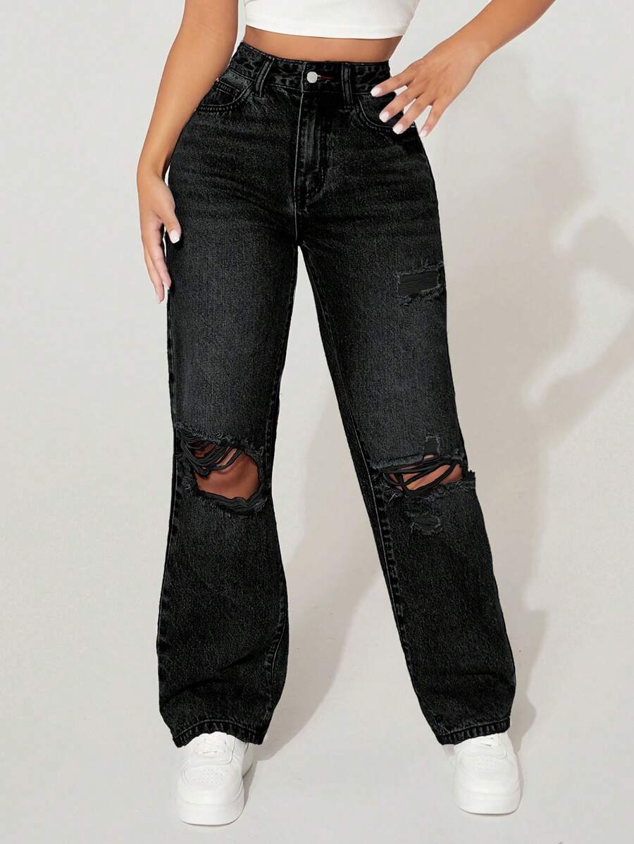 SHEIN PETITE Distressed Straight-Leg Thermal Lined Thermal Jeans, Autumn & Winter Thickened Denim - Black - View 1
