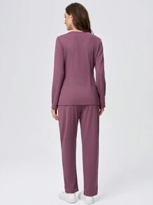 TaskEZ 2pcs Multi-Pocket Long Sleeve Top & Pants Nursing Scrub Uniform Set - Red Violet - View 2