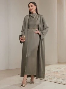 Veilorie 女式秋季纯色落肩长袖超长开衫和高领长裙优雅 2 件套 2 件套 朴素