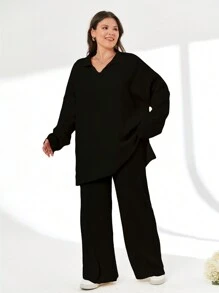 RueChic 2pcs/Set Solid Color Turn-Down Collar Sweater And Long Pants Outfit - Black - View 3