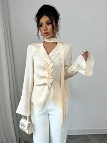 Elenzga Women's Elegant Solid Color Flared Sleeve Blouse
