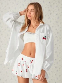 Easelle 女式宽松灯笼袖后背交叉开衩白色衬衫，秋冬款 - 白色 - 查看 1