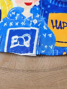 Young Boy Cartoon Character Letter Print Short Sleeve Single Breasted Casual Shirt