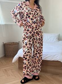 DAZY 豹纹拼色复古风格女式睡衣套装 - 粉色 - 查看 7