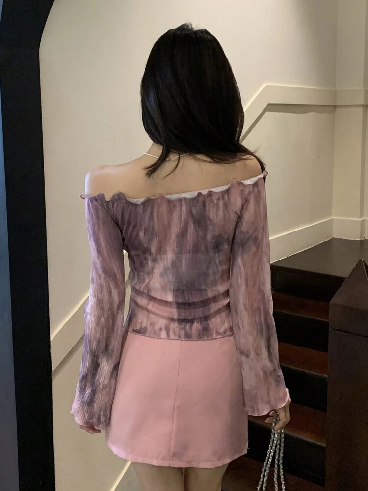 Women Off Shoulder Marble Grain Pink Frill Trim Flare Sleeve Blouse, For Valentine's Day,Off Shoulder Top Long Sleeve Women Tops,Fall Women Clothes
