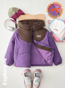 SHEIN Urban Casual Style Colorful Patchwork Ribbon Design Hooded Padded Coat, Girls Plus Padded Coat For City Street Snap Everyday Winter Wear - Multicolor - View 2