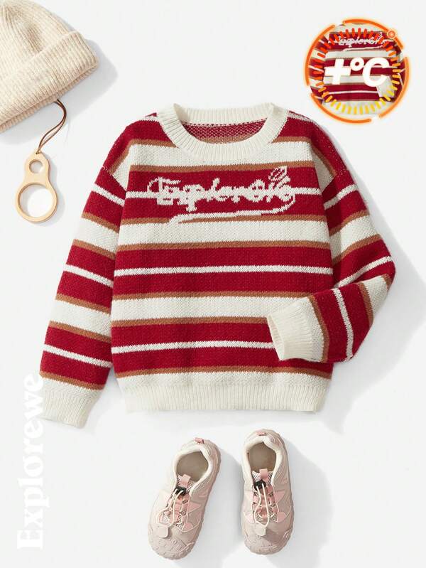 SHEIN Tween Girl Striped Letter Print Crew Neck Long Sleeve Loose Knit Sweater, Autumn/Winter