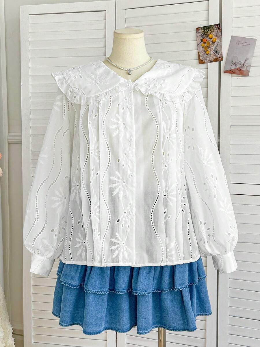 Soleia Women's Plus Size Casual Resort Plaid Heart Pocket Front Bowknot Long Sleeve Shirt Jacket, Suitable For Autumn/Winter - White - View 1