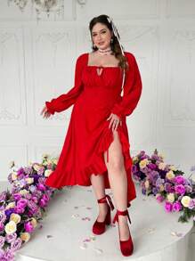 Lyrianda 大码春夏秋方领蝴蝶结复古宫廷风优雅浪漫节日圣诞情人节宴会灯笼袖褶皱连衣裙 - 紅色 - 查看 4