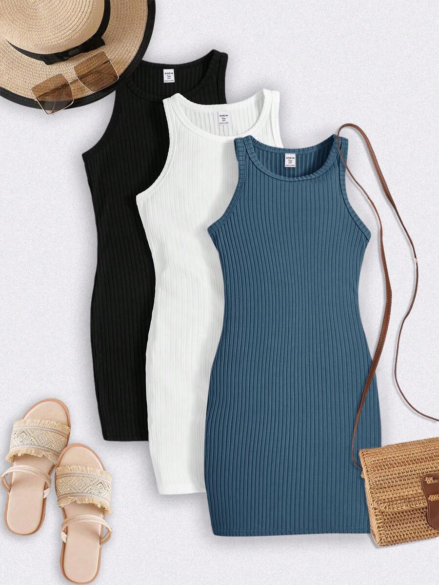 SHEIN 3pcs/Set Teen Girl Solid Color Knit Round Neck Sleeveless Fitted Casual Versatile Dress Set, School, Campus, College - Blue - View 1