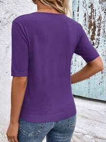 SHEIN Clasi ملابس علوية كاجوال مصنوعة من الأكريليك والنايلون غير مطبوعة, ذات رقبة على شكل حرف V وأكمام قصيرة، مناسبة للخريف والشتاء