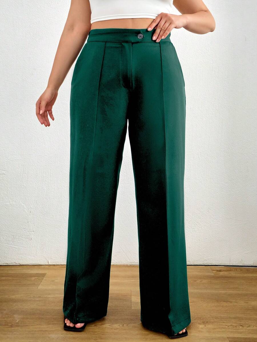 EURMUSE 大码女式口袋裤，商务西装裤 - 墨綠色 - 查看 1