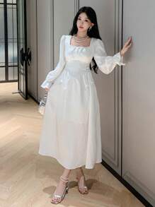 DAZY Women's Elegant Long Dress, Suitable For Party/Banquet, Spring/Fall Prom Dress,Ruffle Long Sleeve Dress - White - View 9