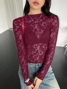 DAZY 女士薄纱蕾丝高领修身长袖衬衫，情人节/秋季服装 - 紅色 - 查看 5