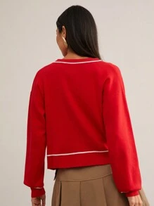 SHEIN Essnce 2 件套女式撞色前扣长袖简约夹克和套头衫 - 紅色 - 查看 8