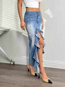 SHEIN Essnce Women's Pocket Patchwork Ruffle Hem Slit Hem Long Denim Skirt - Blue - View 1