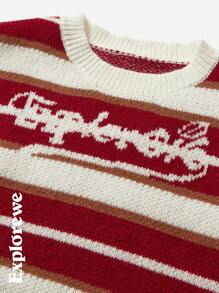 SHEIN Tween Girl 条纹字母印花圆领长袖宽松针织毛衣，秋冬 - 彩色 - 查看 6