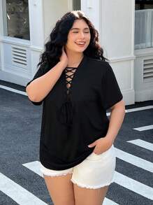 SHEIN EZwear Plus Lace Up Front Tee - Black - View 6