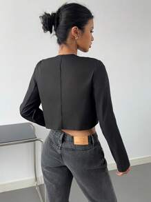 SHEIN EZwear Ladies Suit-Style Short Jacket, Solid Color Long Sleeve - Black - View 2