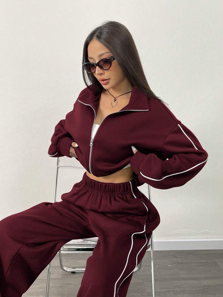 INAWLY Ensemble de 2 pièces pour femmes, veste zippée et pantalon casual avec épaules tombantes, pour l'automne