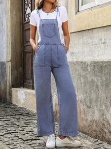 SHEIN LUNE Quần yếm denim và áo liền quần thường ngày cho nữ, tối giản và thời trang để mặc hàng ngày - Màu xanh lam - Xem 3