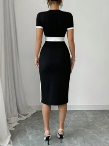 Elenzga Vestido ceñido de mujer con cuello cuadrado elegante, bloque de color y mangas cortas - Negro - Ver 2