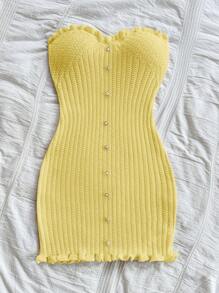 Soleia Fitted Ribbed Knit Dress With Ruffle Hem And Button Detail, Sexy & Comfortable - Yellow - View 3