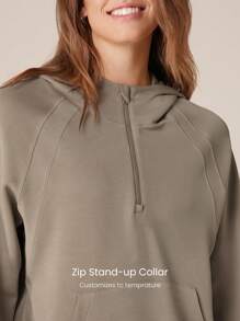 GLOWMODE 莫代尔丝绸触感超大长袖半拉链连帽衫秋季 - 卡其色 - 查看 3