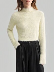 Ontre 棕色高领喇叭袖修身针织毛衣 - 杏色 - 查看 6