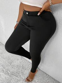 SHEIN CURVE+ Women's Knitted Elastic Slim-Fit Black Pants, Comfortable & Versatile, Suitable For All Seasons, Plus Size - Black - View 4