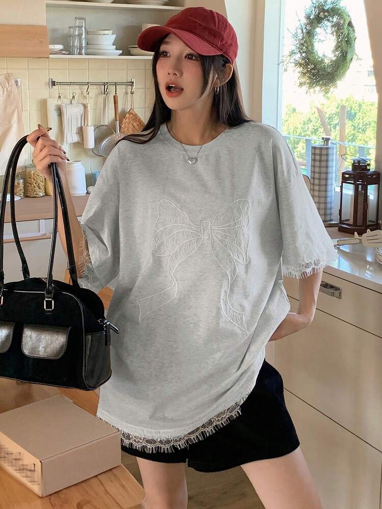 Women's Round Neck Bow Lace Patchwork Short Sleeve T-Shirt, Casual Daily Wear