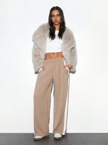 TRNVIE 1 件女士休闲卡其色撞色拼接直筒裤，百搭百搭运动装，适合秋冬季