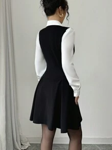 Gloray Sexy Elegant One-Piece Dress With Ruffle Collar And Cuffs, Fitted Waist, Pleated Mini , Stretchy Knit Fabric, Suitable For Daily, Date, Party Wear, Autumn/Winter