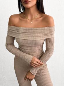 EURMUSE LONG SLEEVE OFF SHOULDER TPO & TIED-UP SWEATPANT - Beige - View 4