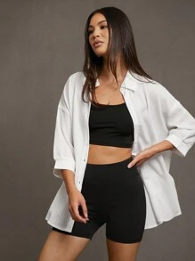 SHEIN Essnce 女性休閒輕質運動夏季服裝，性感時尚外出騎行網球旅行上衣及壓縮短褲及衣服3件套組 - 黑與白 - 查看 4