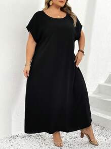 SHEIN CURVE+ Vestido informal holgado de manga de murciélago negro para vacaciones en talla grande, de estilo bohemio - Negro - Ver 8