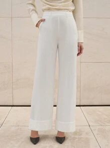 EURMUSE Women's Double Pocket Turnover Hem Pleated Design Straight Leg Casual Elegant Pants - Beige - View 3