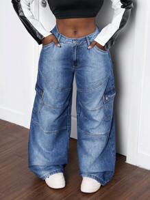 SHEIN Slayr Pantalones de cargo de mezclilla de pierna ancha lavados informales para mujer - Azul - Ver 5