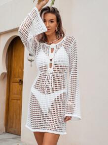 Swim Lushoire White Hollow Crochet Floral Front & Tie Waist Beach Cover Up Dress Summer - White - View 2