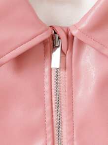 SHEIN 1 Stück Rosa Leder-Optik Minimalistischer Stehkragen Reißverschluss Taillengürtel Puffärmel Mutter-Tochter Passende Kleider (Outfits separat erhältlich) - Pink - Übersicht 4
